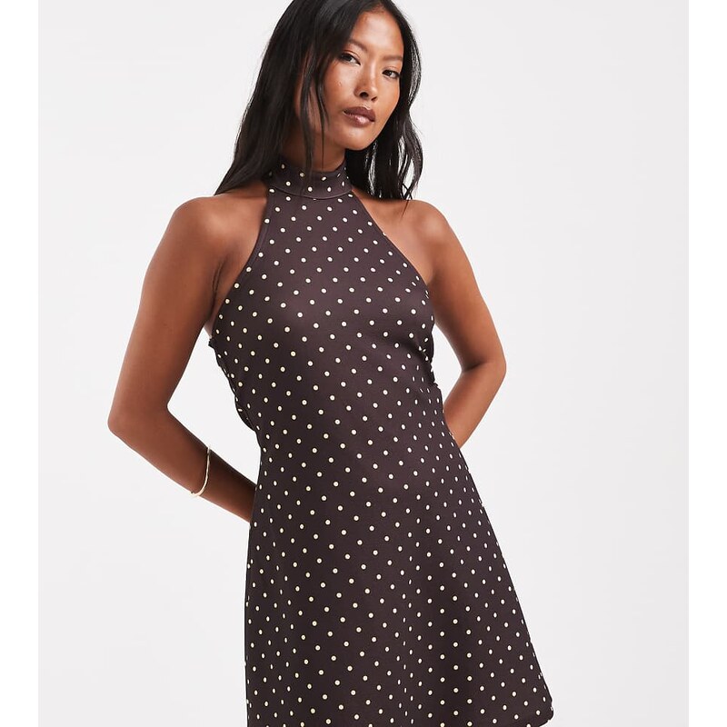 Vero Moda Petite halter neck polka dot mini dress in brown and