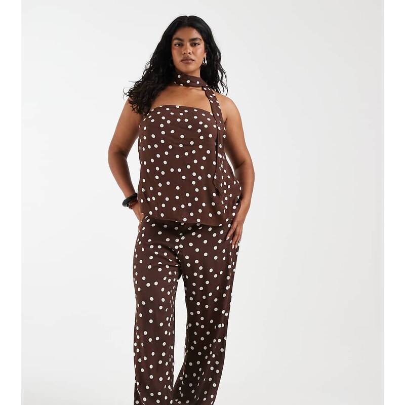 Vero Moda Curve woven wide leg trouser co-ord in chocolate and