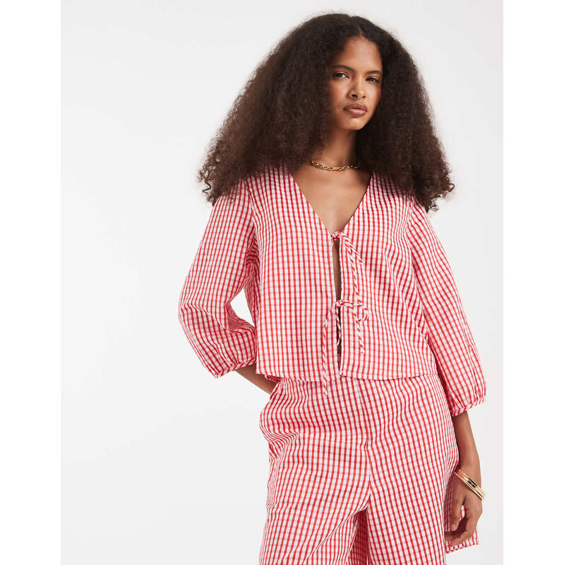 Vero Moda tie front top co-ord in red gingham print-Pink