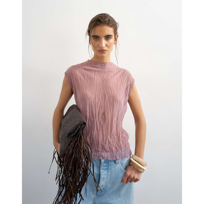 Topshop mesh crinkle fitted tee co-ord in pale mauve-Purple
