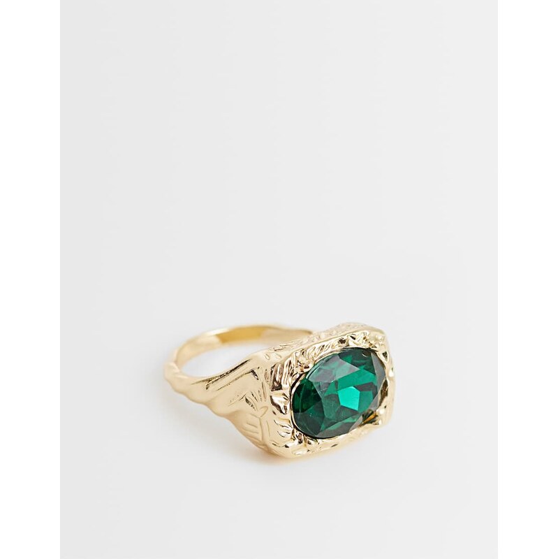 ASOS DESIGN molten casting emerald stone ring in gold