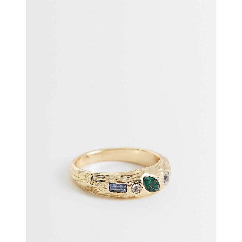 ASOS DESIGN mixed stone hammered texture ring in gold