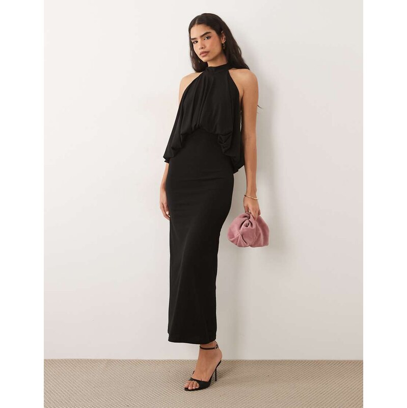 TFNC slinky high neck halter detail backless maxi dress in black