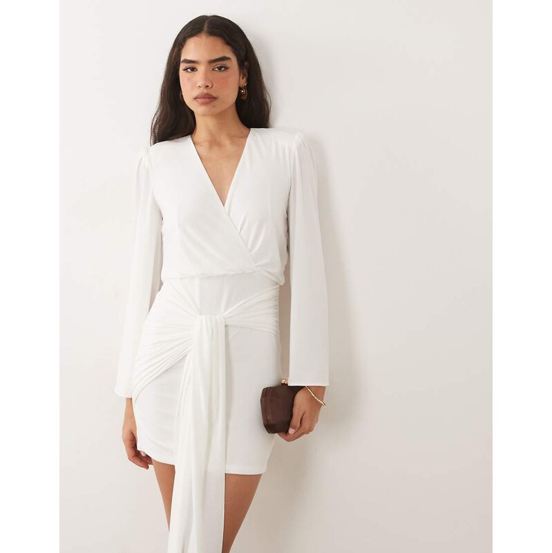 TFNC slinky v neck shoulder pad drape detail mini dress in white