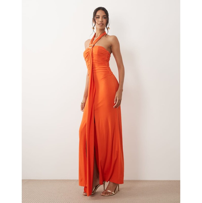 TFNC halterneck trim detail ruched maxi dress in bright orange