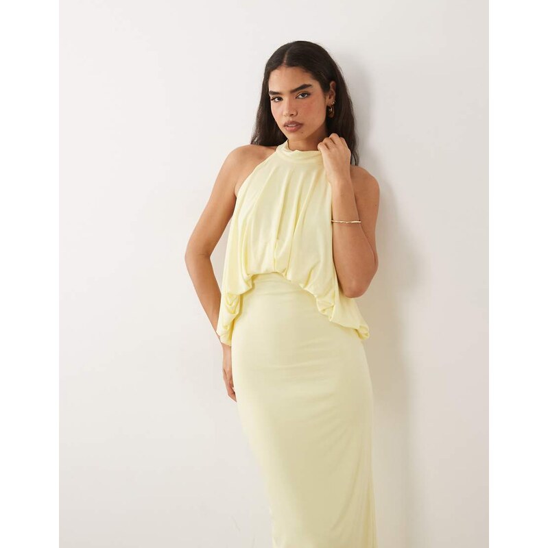 TFNC slinky high neck halter detail backless maxi dress in lemon