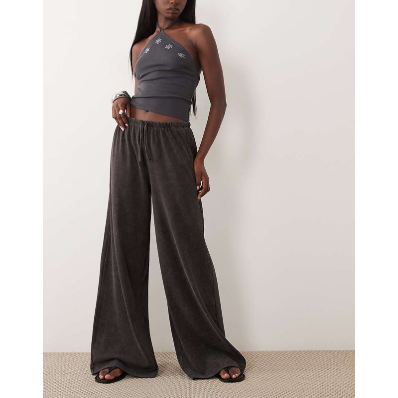 ASOS DESIGN co-ord ribbed tie waist trousers in washed brown