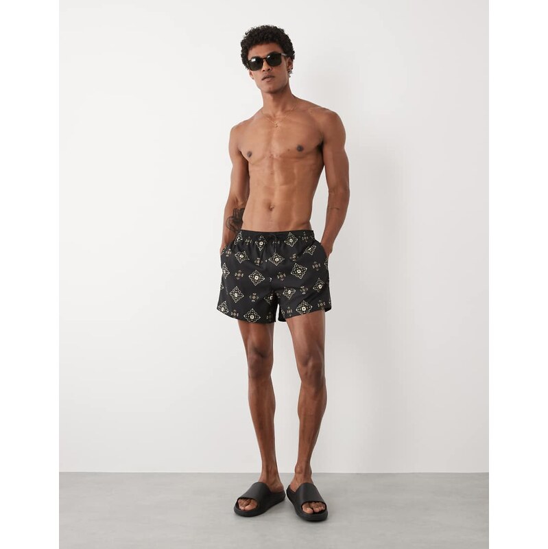 Abercrombie & Fitch 5inch tile print swimming trunks in black