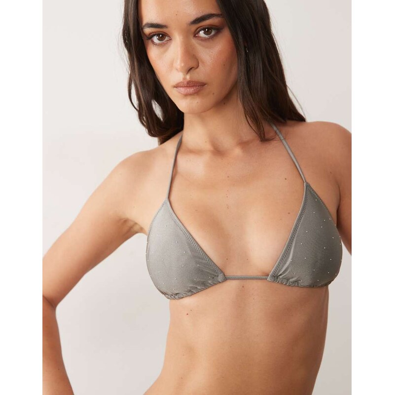 Mango hotfix embellished bikini top in grey