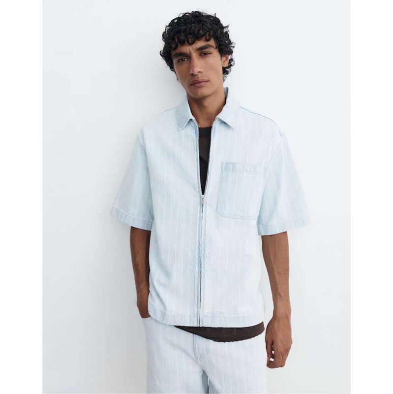 Pull&Bear Denim shirt with zip in pale blue