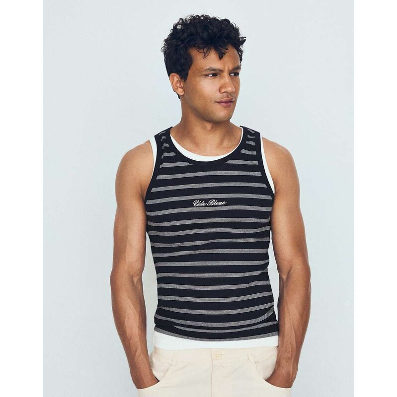 Bershka Contrast stripe rib vest top in blue-Navy