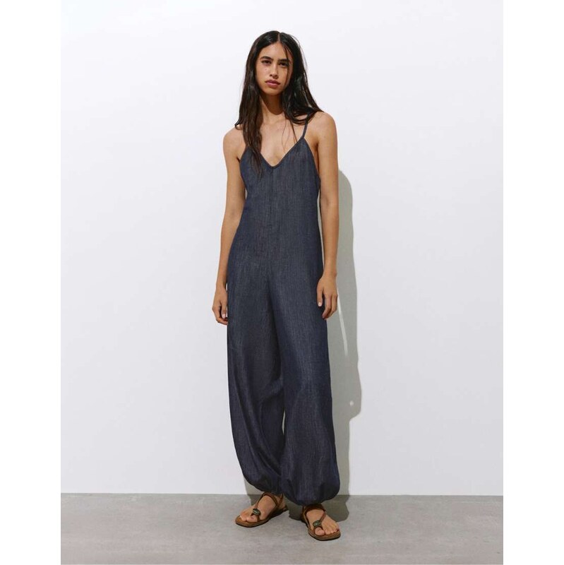 Pull&Bear Long sarouel jumpsuit with straps in navy