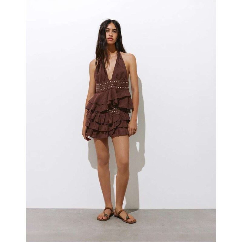 Pull&Bear Ruffled mini skirt with studs in brown