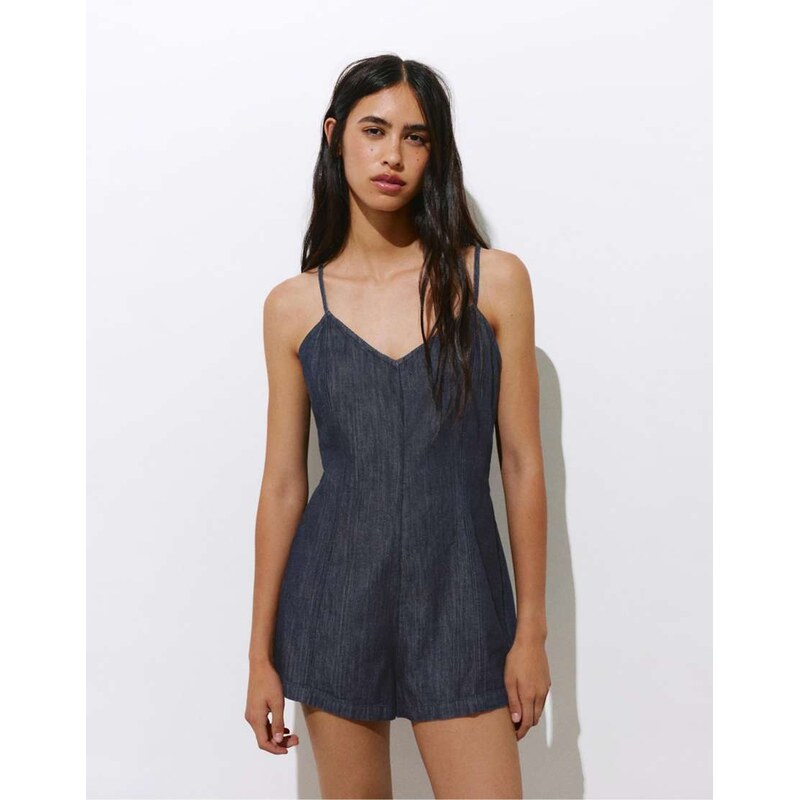 Pull&Bear Denim playsuit with straps in navy