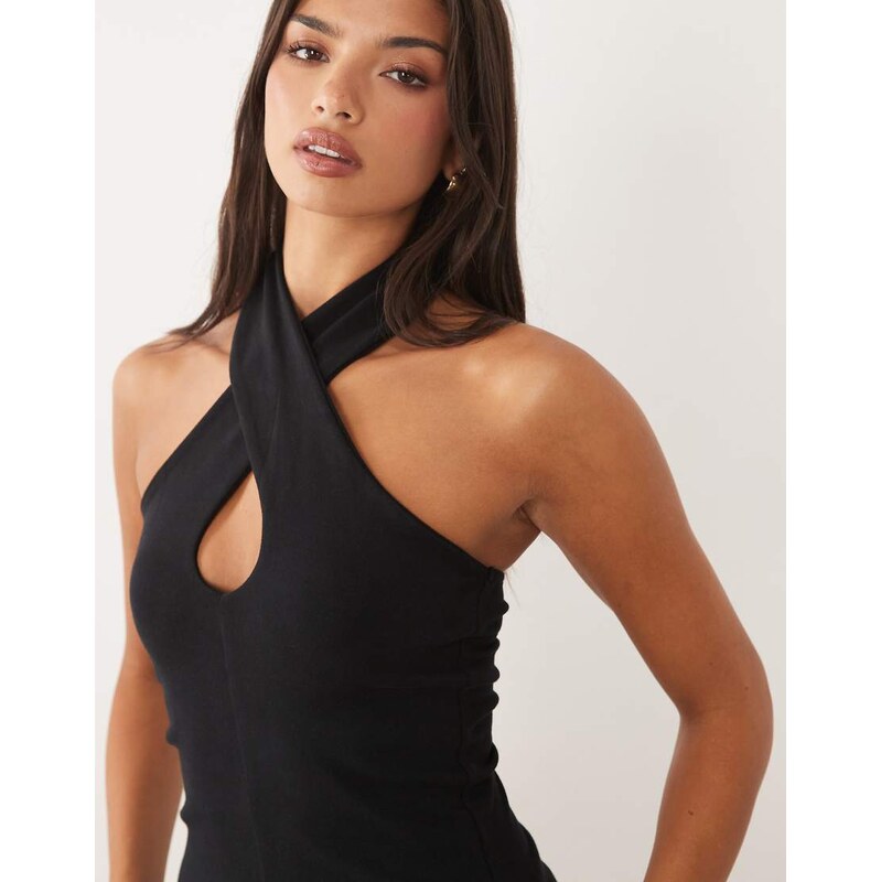 ASOS DESIGN compact cotton twist halterneck top in black