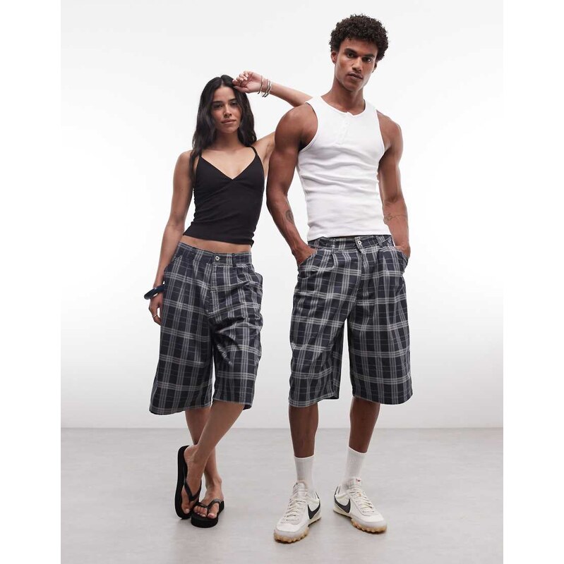 COLLUSION Unisex longline baggy jort in dark check-Multi
