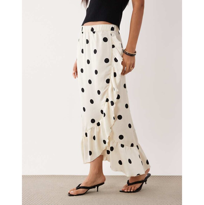 Vila frill trim satin maxi skirt in cream and black polka dot