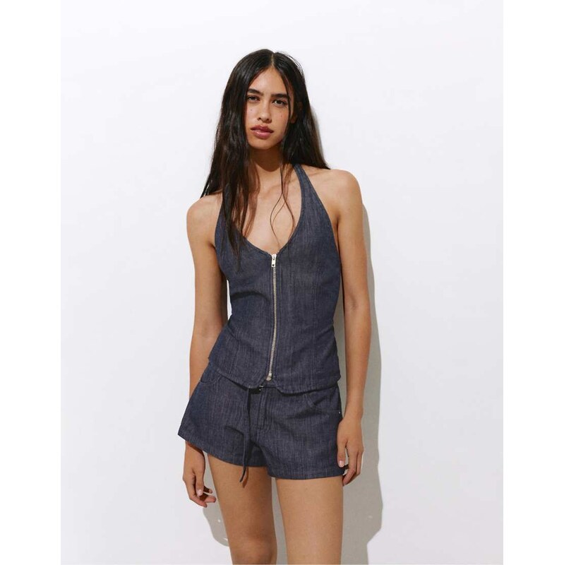 Pull&Bear Denim halter top with zip in navy