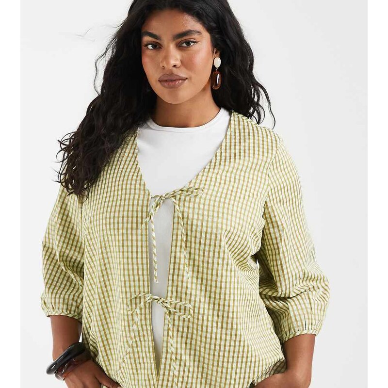 Vero Moda Curve tie front top co-ord in green gingham print