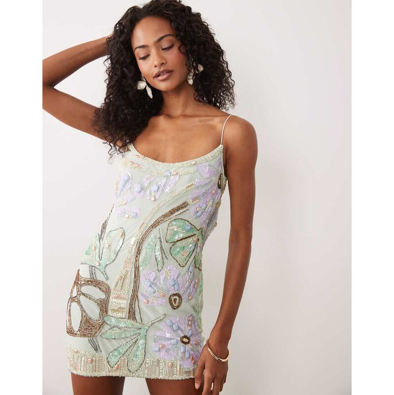 ASOS DESIGN bias cut double rouleaux strap artwork embellished