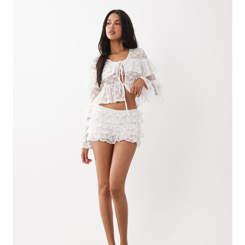 The Frolic exclusive lace tiered frill micro shorts co-ord in