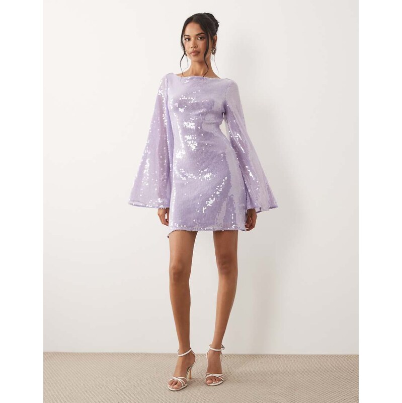 ASOS DESIGN sequin waterfall sleeve mini dress in lilac-Purple