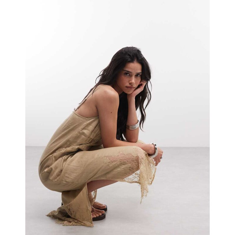 AllSaints Samia sleeveless linen lace midi dress in brown