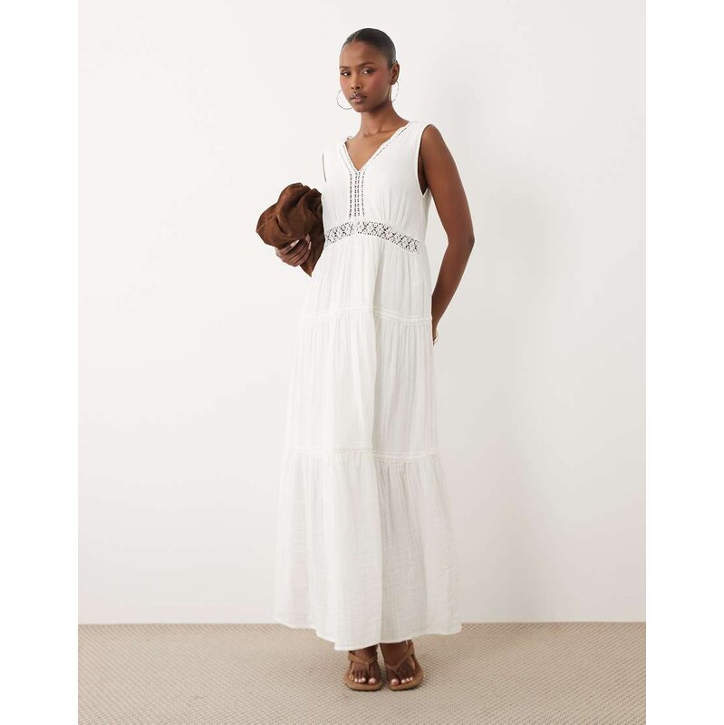 YAS crinkle cotton sleeveless crochet insert maxi dress in white