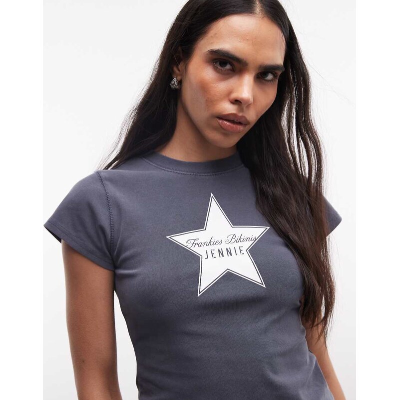 Frankies Bikinis X Jennie Kim star print baby tee in faded grey