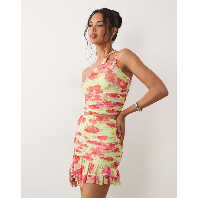 AFRM Jinx mesh ruffle mini skirt co-ord in lime and pink floral