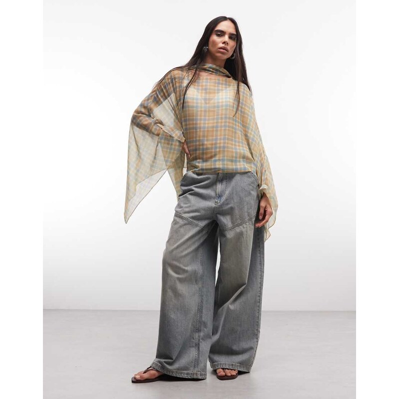 Reclaimed vintage sheer chiffon printed check cape with scarf