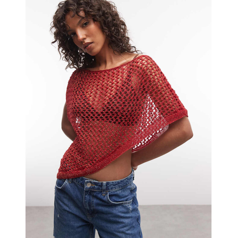 Reclaimed Vintage crochet knit metallic poncho in red