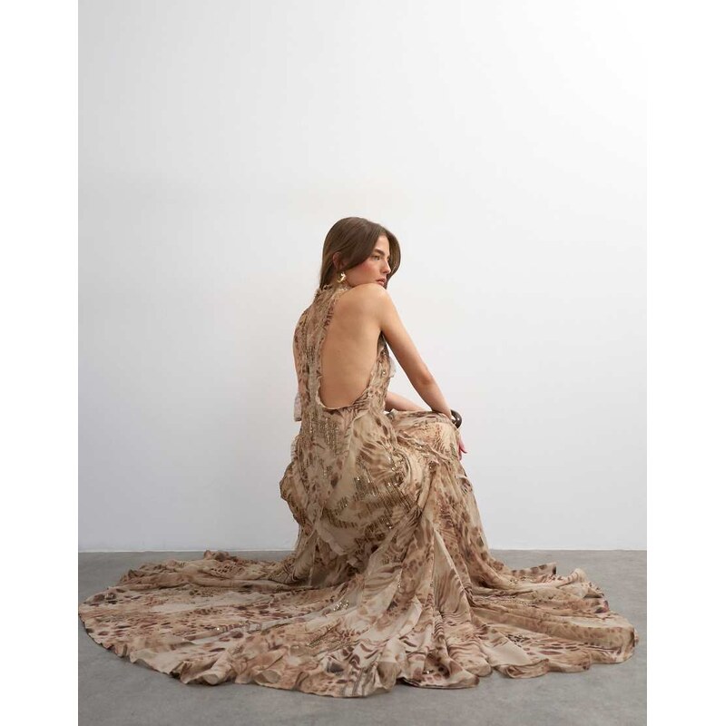 Topshop premium embellished high neck open back maxi dress in