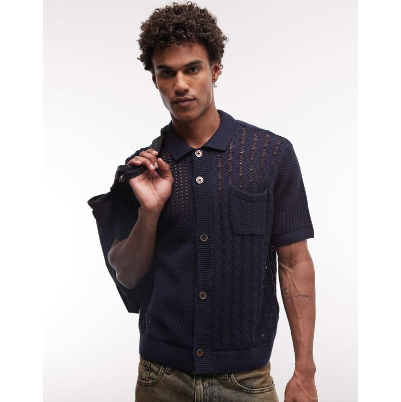 Obey preston knitted button up shirt in navy