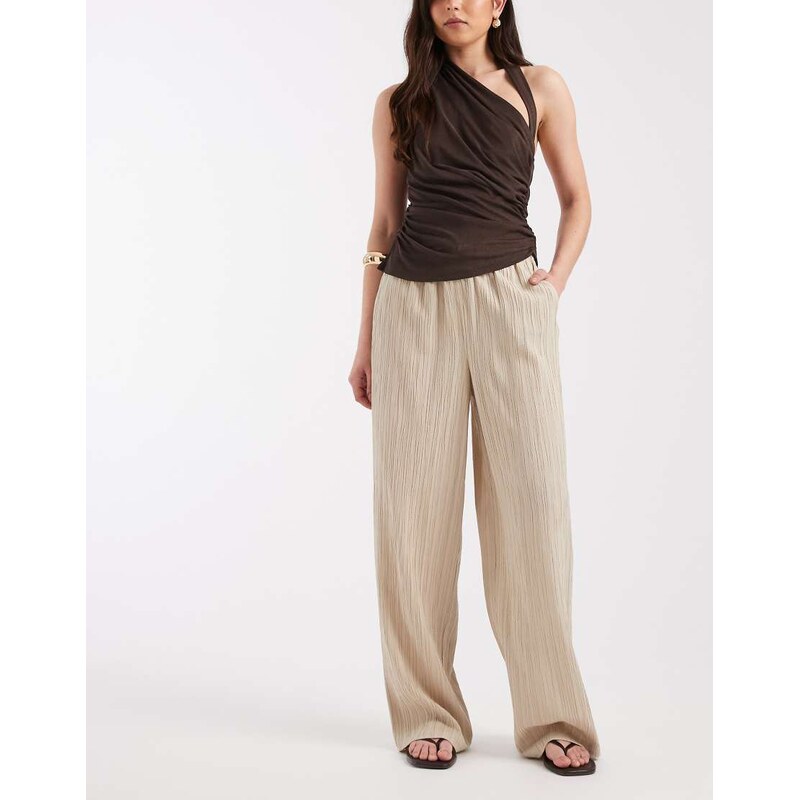 ONLY wide leg crinkle textured trousers in stone-Neutral