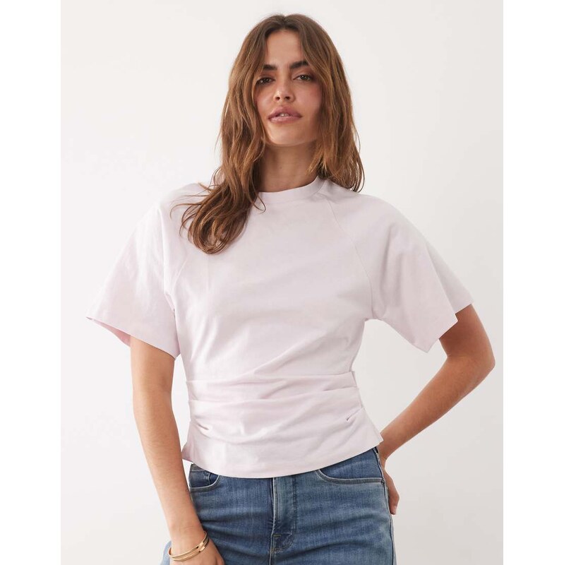 ASOS DESIGN cape sleeve with cinched waist top in stone-Neutral