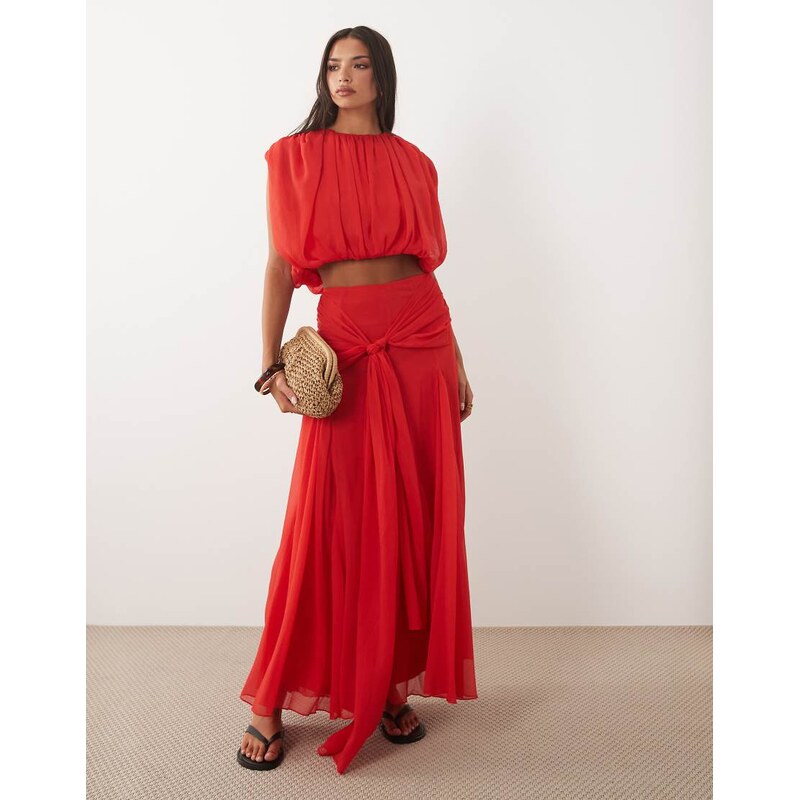 ASOS DESIGN chiffon drape detail co-ord maxi skirt in red