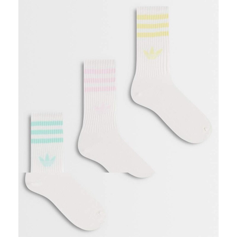 adidas Originals 3 pack three stripe crew socks in white and