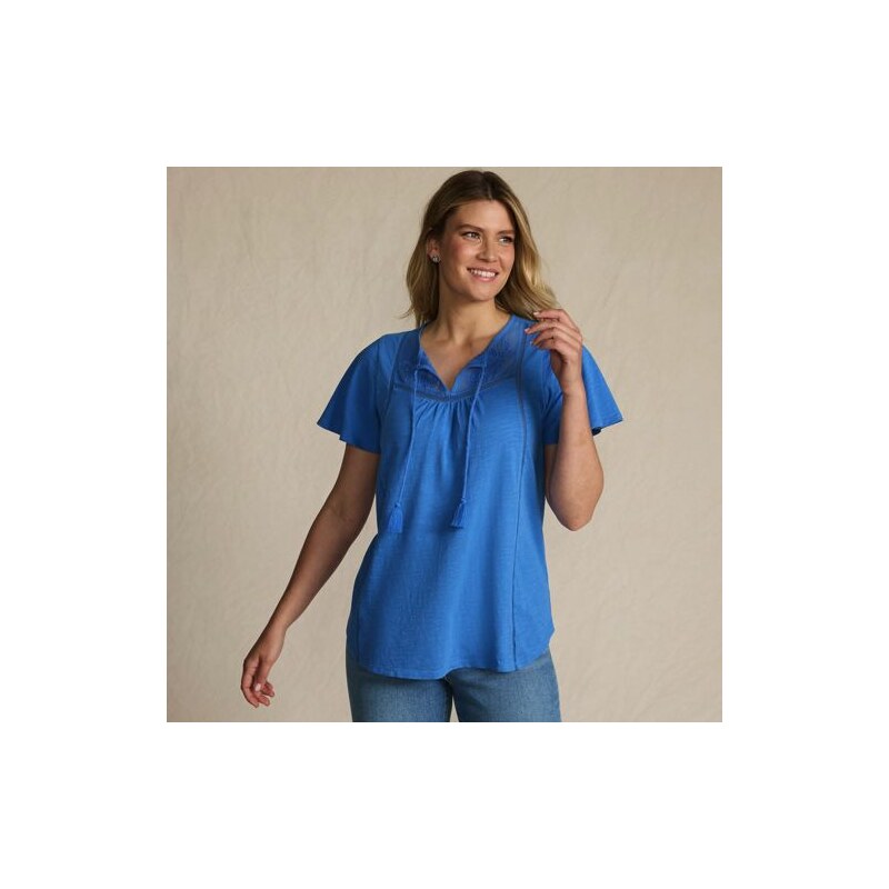 Slub Cotton Flutter Sleeve Top, Women, size: XL, regular, Blue,