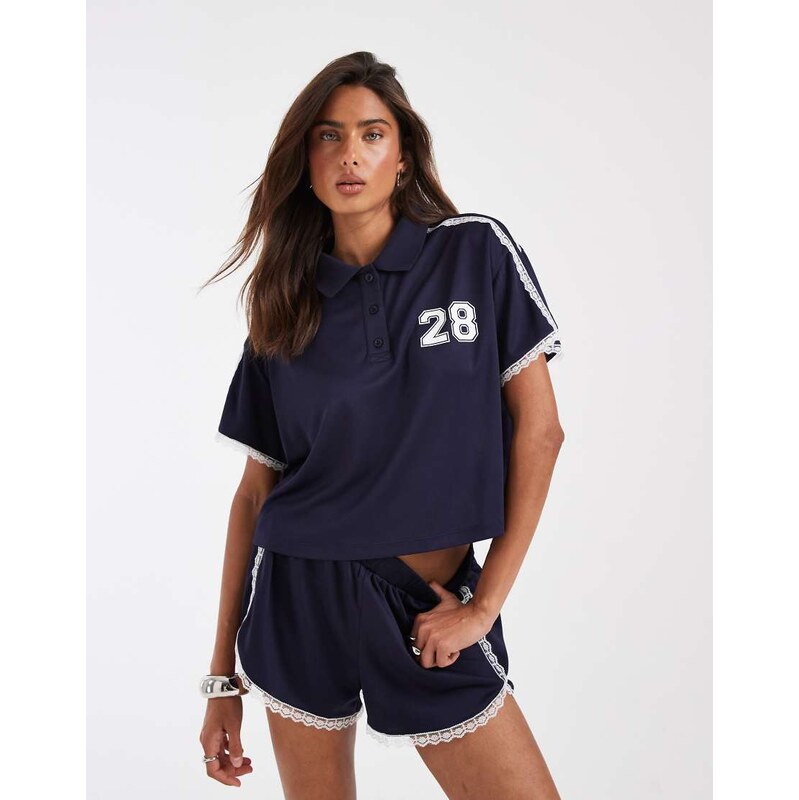 ASOS DESIGN tricot sporty polo top co-ord with lace detail in