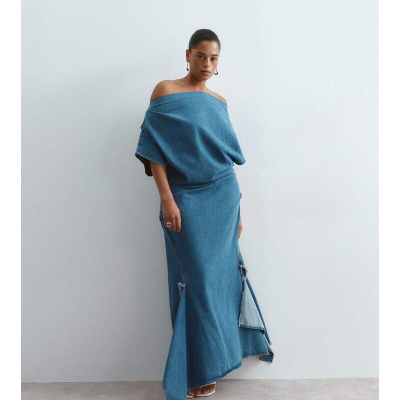 ARRANGE Curve draped denim maxi dress in mid wash blue