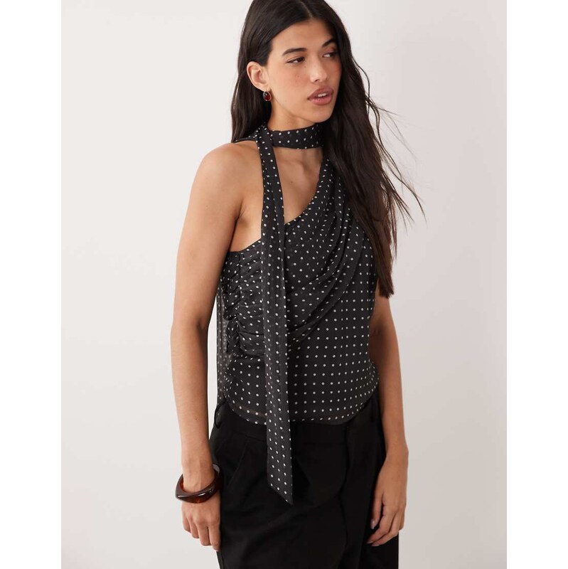 YAS one shoulder ruched scarf top in black and white polka dot