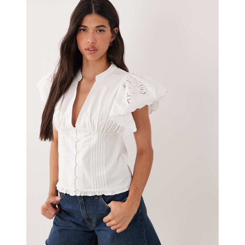 Gina Tricot pure cotton puff sleeve broderie blouse in white