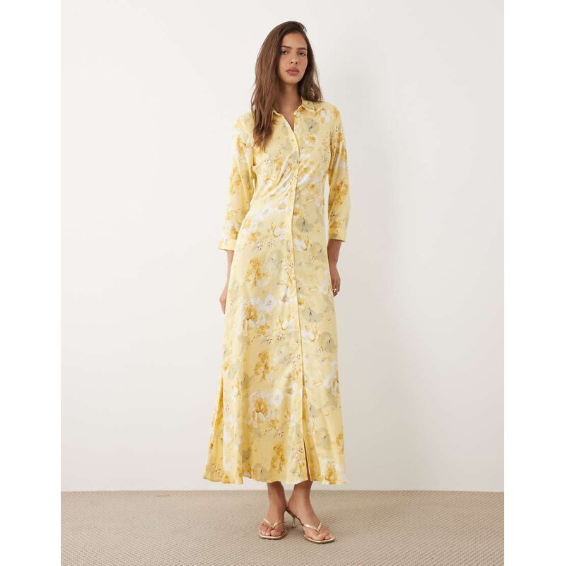 YAS maxi shirt dress in yellow floral print