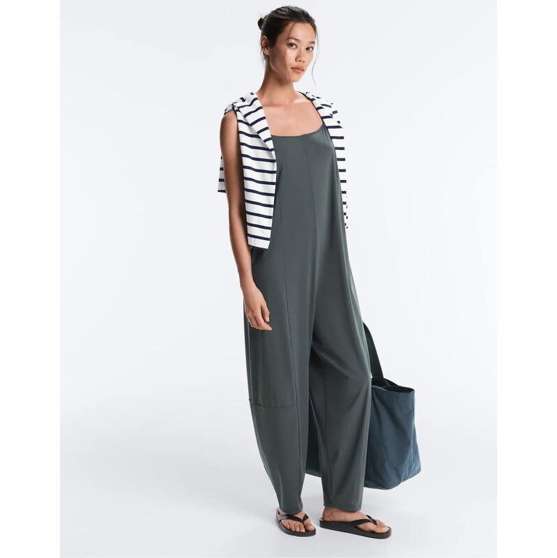 OYSHO Light touch wide long jumpsuit in grey