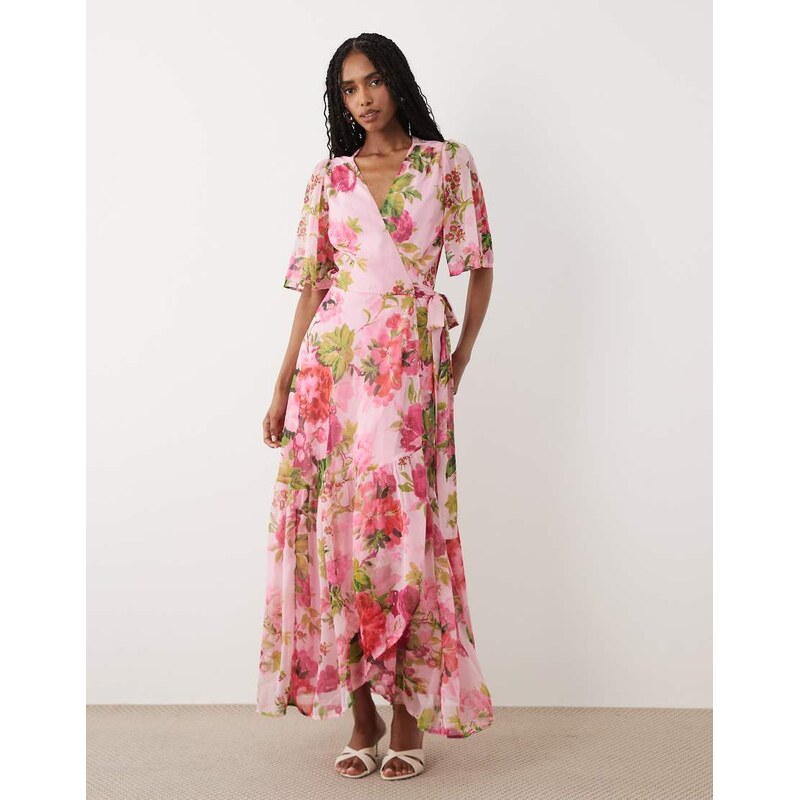 Hope & Ivy flutter sleeve maxi wrap dress in pink floral