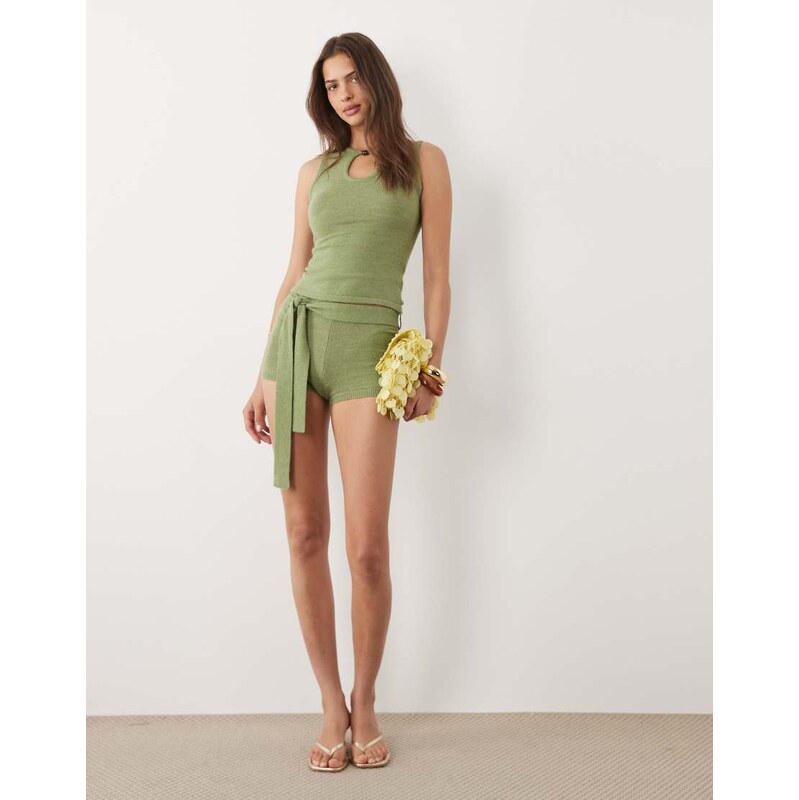 Motel co-ord Jarona hot pant with tie waist belt in olive green