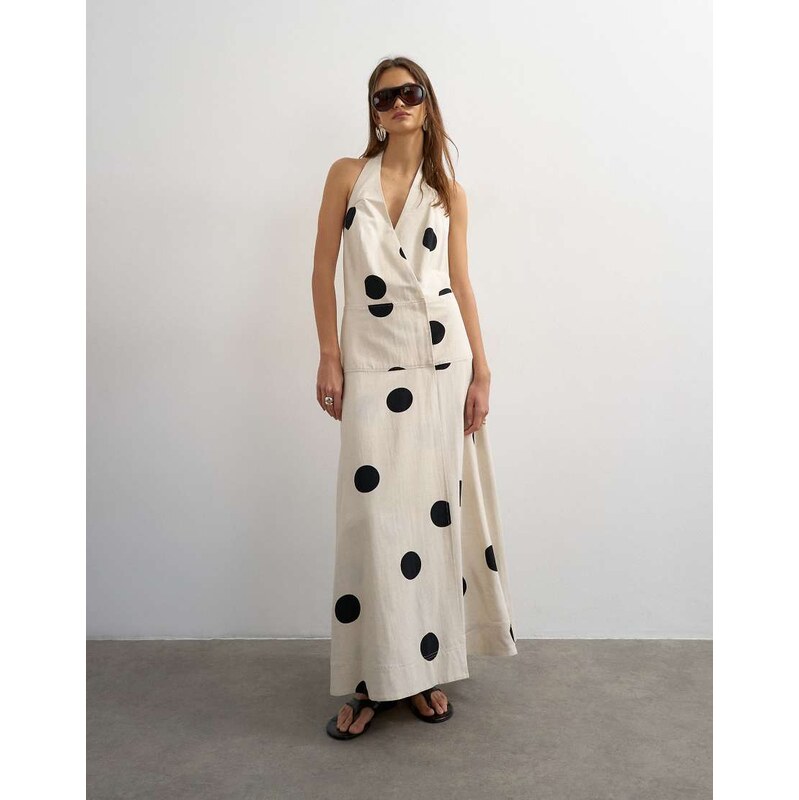 Topshop premium halter neck wrap maxi dress in natural mono