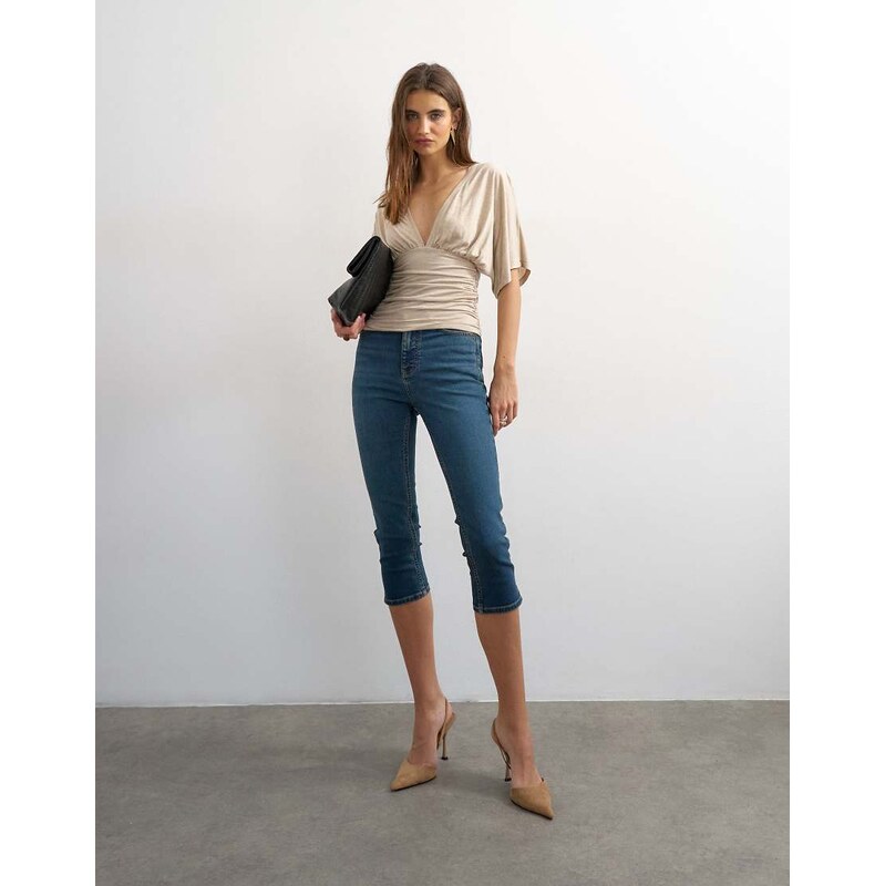 Topshop v-neck tie detail top in oat-Neutral