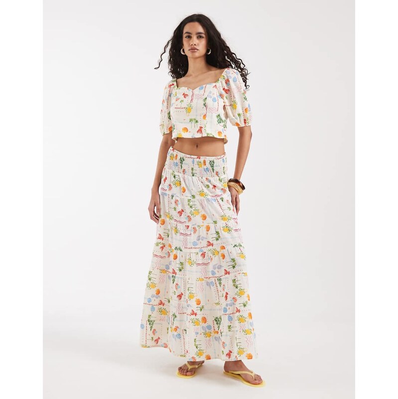 Vero Moda smock waist maxi skirt co-ord in cream seaside print